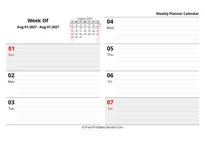 august 2027 weekly schedule template, landscape layout