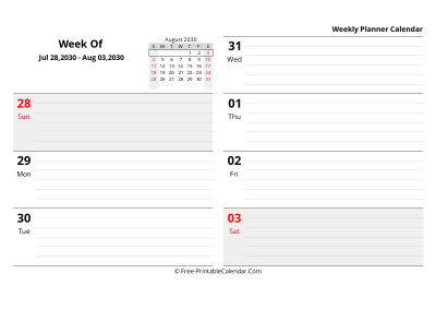 august 2030 weekly schedule template, landscape layout