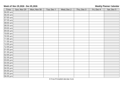 december 2026 weekly calendar template, landscape layout