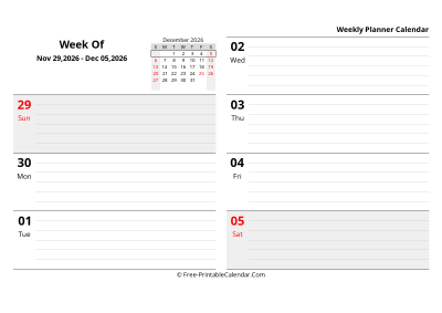december 2026 weekly schedule template, landscape layout