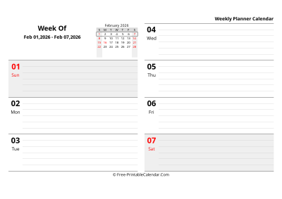 february 2026 weekly schedule template, landscape layout
