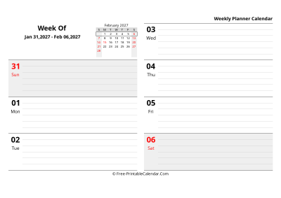 february 2027 weekly schedule template, landscape layout