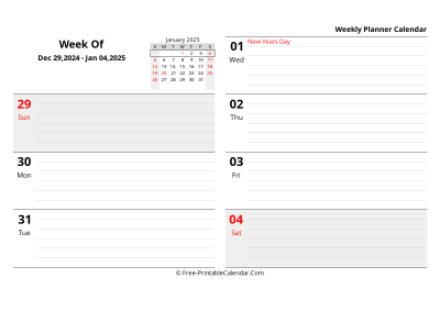 january 2025 weekly schedule template, landscape layout