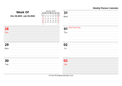 january 2026 weekly schedule template, landscape layout