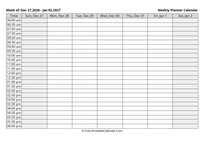 january 2027 weekly calendar template, landscape layout