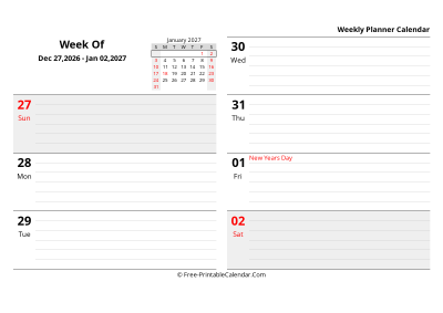 january 2027 weekly schedule template, landscape layout