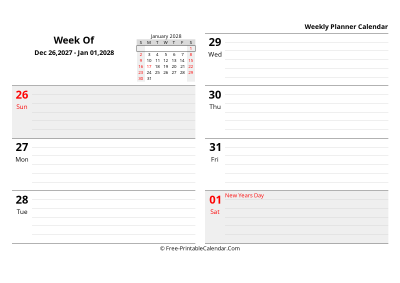 january 2028 weekly schedule template, landscape layout
