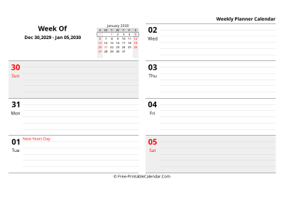 january 2030 weekly schedule template, landscape layout