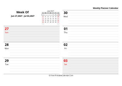 july 2027 weekly schedule template, landscape layout