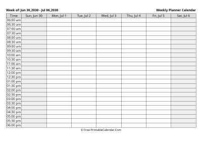 july 2030 weekly calendar template, landscape layout