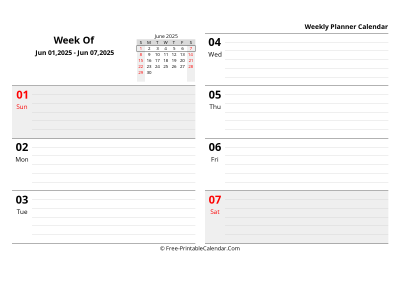 june 2025 weekly schedule template, landscape layout