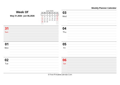 june 2026 weekly schedule template, landscape layout