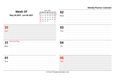 june 2027 weekly schedule template, landscape layout