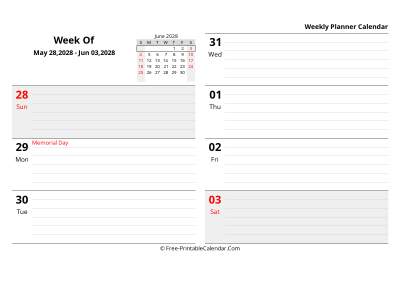 june 2028 weekly schedule template, landscape layout