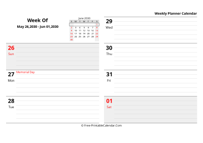 june 2030 weekly schedule template, landscape layout