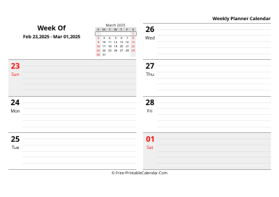 march 2025 weekly schedule template, landscape layout