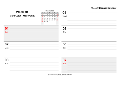 march 2026 weekly schedule template, landscape layout