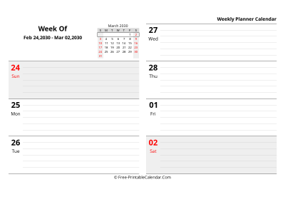 march 2030 weekly schedule template, landscape layout
