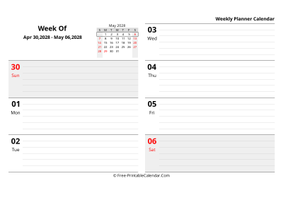may 2028 weekly schedule template, landscape layout