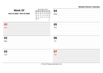 november 2026 weekly schedule template, landscape layout