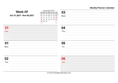 november 2027 weekly schedule template, landscape layout