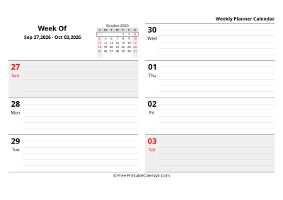 october 2026 weekly schedule template, landscape layout