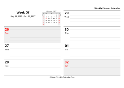 october 2027 weekly schedule template, landscape layout