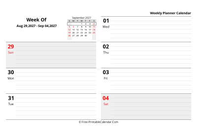 september 2027 weekly schedule template, landscape layout